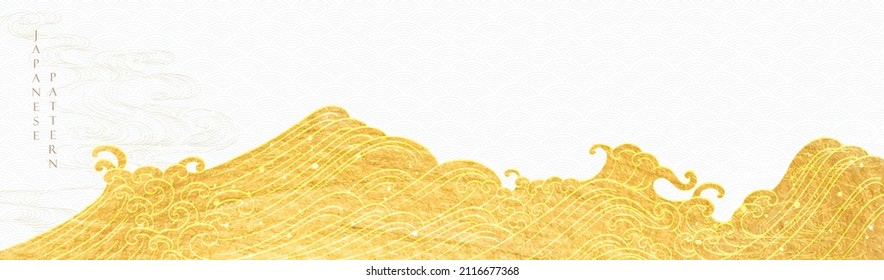 Japanese background with hand drawn wave line vector. Gold texture in vintage style. Presentation template design, poster, flyer, website backgrounds, banner or advertising