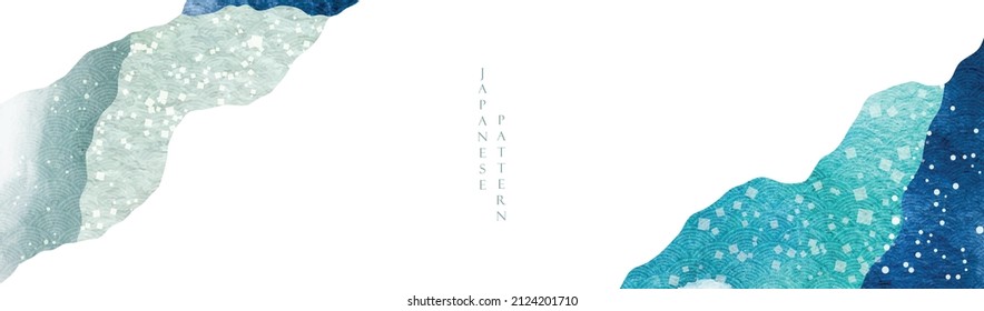 Japanese background with hand drawn wave vector. Abstract landscape template with geometric pattern. Mountain forest banner design in vintage style. Blue watercolor texture. 