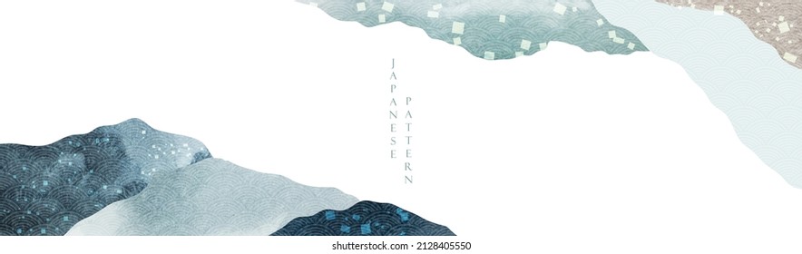 Japanese background with hand drawn wave vector. Abstract landscape art template with geometric pattern. Mountain forest banner design in vintage style. Blue ocean watercolor texture. 