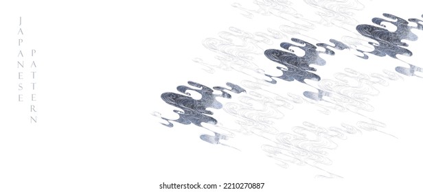 Antecedentes japoneses con olas dibujadas a mano en estilo vintage. Paisaje artístico y mar oceánico con diseño de banner de acuarela en blanco y negro. Textura dorada y negra