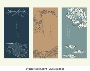 Antecedentes japoneses con olas dibujadas a mano, nubes y elementos chinos vectoriales en estilo vintage.Montaña Fuji con diseño de pancartas abstractas de estilo oriental.