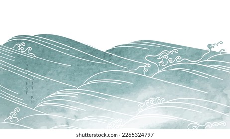 Japanese background with hand drawn wave in vintage style. Art chinese landscape banner design. Water surface element with blue watercolor texture.