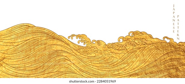 Japanese background with hand drawn wave in vintage style. Art landscape and ocean sea with shape element banner design. Gold and black texture.