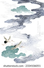 Fondo japonés con gris ondulado a mano   vector de textura. Flor de peonía, decoración de nubes chinas con olas dibujadas a mano en un estilo vintage. Elemento de aves de corral con diseño de pancartas abstractas. 