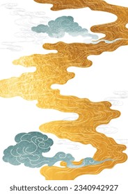 Japanese background with hand drawn wave gold texture vector. Hand drawn wave chinese cloud decorations in vintage style. Crane birds element with art abstract banner design.