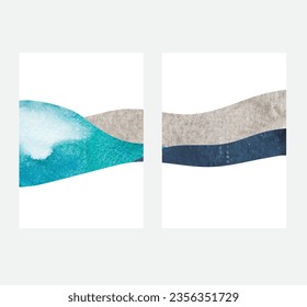 Japanese background with hand drawn wave vector. Blue abstract landscape template with geometric pattern. Mountain forest banner design in vintage style. Blue watercolor texture. 