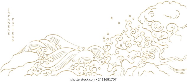 Japanese background with hand drawn wave elements vector. Gold line pattern with ocean sea object in vintage style