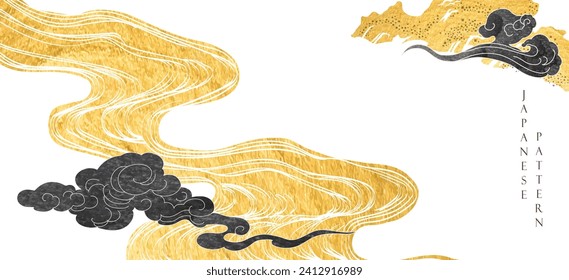  Japanese background with hand drawn wave black and gold texture vector. Hand drawn wave chinese cloud decorations in vintage style. Art abstract banner design.