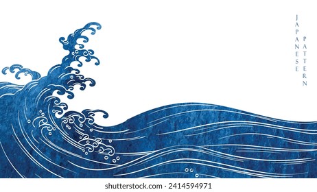 Japanese background with hand drawn wave in vintage style. Art chinese landscape banner design. Water surface element.