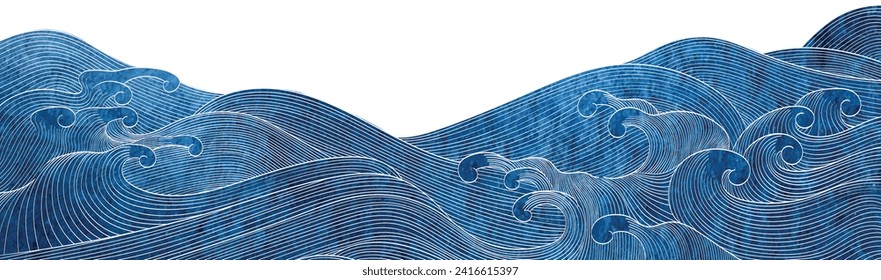 Japanese background with hand drawn wave elements vector. Blue line pattern with ocean object in vintage style