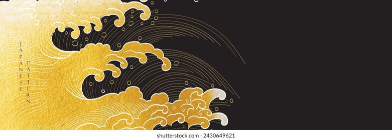 Japanese background with hand drawn wave gold texture vector. Hand drawn ocean sea chinese cloud decorations in vintage style. Art abstract banner design.