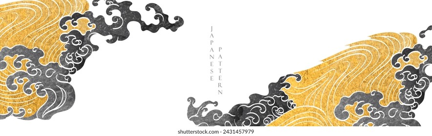 Japanese background with hand drawn wave gold and black texture vector. Hand drawn wave chinese cloud decorations in vintage style. Oriental element with art abstract banner design.