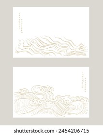 Fondo japonés con Vector de tarjeta de invitación de onda dibujada a mano. Patrón de línea dorada con objeto océano en estilo vintage