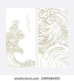 Fondo japonés con Vector de Elementos de onda dibujado a mano. Patrón de línea dorada con objeto océano en estilo vintage