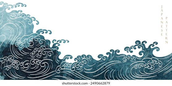  Japanese background with hand drawn wave line vector. Blue watercolor painting texture in vintage style. Presentation template design, poster, flyer, website backgrounds, banner or advertising.