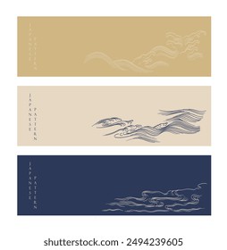 Japanese background with hand drawn wave elements vector. Blue and gold line pattern with ocean object in vintage style.