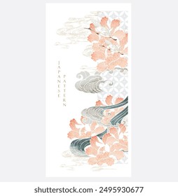 Japanese background with hand drawn wave blue texture vector. Peony flower, hand drawn wave chinese cloud decorations in vintage style. Crane birds element with art abstract banner design.