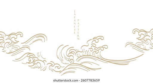 Japanese background with hand drawn wave elements vector. Gold line pattern with ocean sea object in vintage style