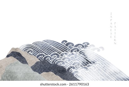 Japanese background with hand drawn wave black and blue texture vector. Hand drawn wave decorations in vintage style. Art abstract banner design