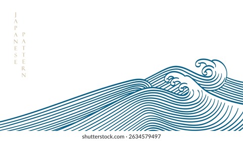 Plano de fundo japonês com vetor de elementos de onda desenhados à mão. Padrão de linha dourada com objeto oceano em estilo vintage.