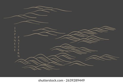 Japanese background with hand drawn wave elements vector. Gold line pattern with ocean object in vintage style.