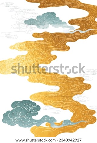 Japanese background with hand drawn wave gold texture vector. Hand drawn wave chinese cloud decorations in vintage style. Crane birds element with art abstract banner design.