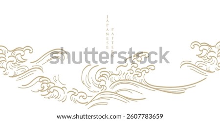 Japanese background with hand drawn wave elements vector. Gold line pattern with ocean sea object in vintage style
