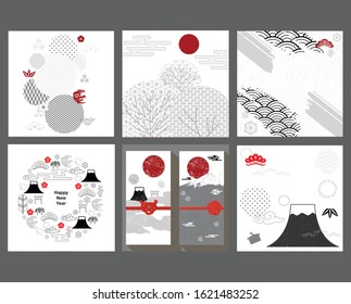Japanese background with icon and pattern vector. Fuji mountain template. Invitation card. Asian layout design. 
