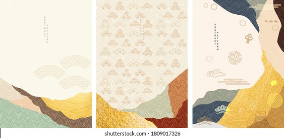 Japanese background with icon and pattern vector. Abstract template with mountain in oriental style with gold texture.
