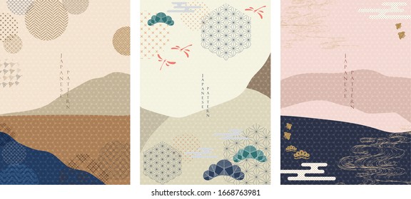 Japanese background with icon vector. Landscape wallpaper with geometric pattern. Dragonfly, wave and bird elements.