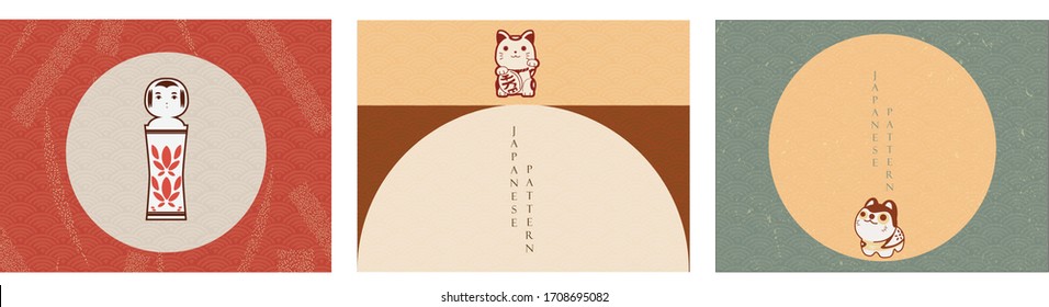 Japanese background with icon vector. Wave pattern in vintage style. Wooden doll, Lucky cat, Charming dog elements.