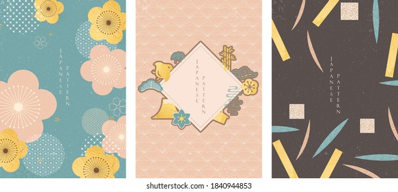 Japanese background with icons vector. Gold texture with cherry blossom flower, birds, Fuji mountain, bamboo and wave symbols.