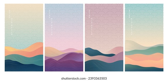 Japanese background. Japan line pattern, sea wave graphic elements, oriental sunset texture. Natural pastel colors. Asian minimalism. Elegant premium backdrop, vector illustration, banners collection