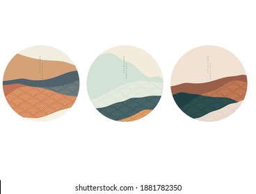 Japanese background with landscape icon vector. Abstract template with geometric pattern. Mountain forest icon design in oriental style.
