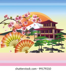 Japanese background with landscape, sakura blossom - cherry tree. Symbol of oriental culture. Vector illustration.