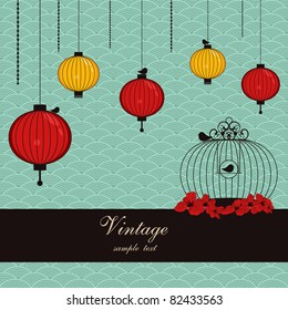 japanese background with lanterns and birdcage