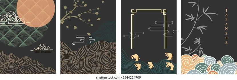 Plano de fundo japonês com arte em linha, ornamentos de cartaz asiáticos, ondas abstratas, convites, brochuras