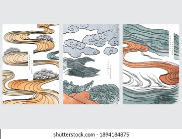 Japanese background with line art  pattern vector. Abstract template with traditional wave elements. Mountain landscape design in oriental style. 