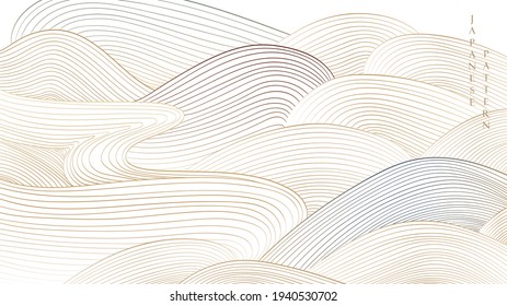 Japanese background with line art pattern vector. Abstract landscape. Hand drawn wave with ocean sea elements banner in vintage style.