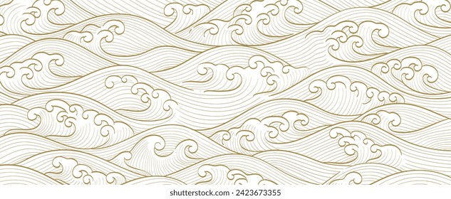 Japanese background with line art pattern vector. Abstract landscape. Hand drawn wave with ocean sea elements banner in vintage style.