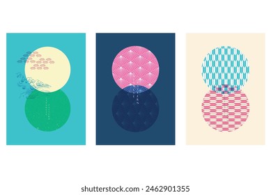 Fondo japonés con Vector de patrón de arte de línea. Plantilla Abstractas con patrón geométrico minimalista tradicional en estilo risografo. Fondo de círculo en estilo vintage.
