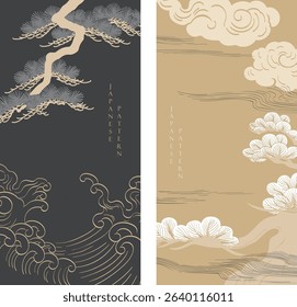 Japanese background with line Chinese cloud and bonsai tree pattern vector. Abstract template with geometric wave pattern. Frame and border design in retro style.
