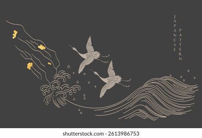 Japanese background with line crane birds and ocean sea pattern vector. Abstract template with geometric wave pattern. Mountain layout design in oriental style