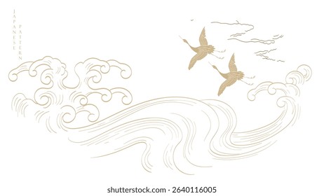 Japanese background with line crane birds and ocean sea pattern vector. Abstract template with geometric wave pattern in oriental style