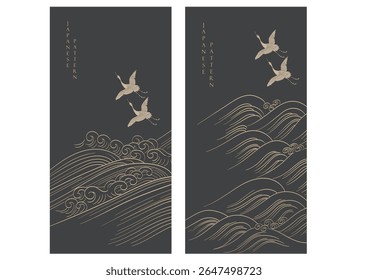 Japanese background with line crane birds and ocean sea pattern vector. Abstract template with geometric wave pattern. Mountain layout design in oriental style