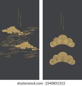 Fondo japonés con línea mar del océano y Vector de patrón de árbol de bonsái. Plantilla Abstractas con patrón de onda geométrica. Diseño de diseño de nube en estilo oriental