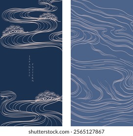 Japanese background with line ocean sea and bonsai tree pattern vector. Abstract template with geometric wave pattern. Hand drawn wave layout design in oriental style