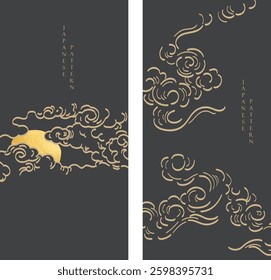 Japanese background with line pattern and moon vector. Abstract template with geometric wave pattern. Cloud layout design in oriental style