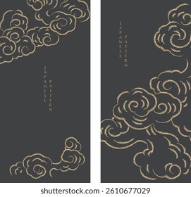 Japanese background with line pattern and moon vector. Abstract template with geometric wave pattern. Cloud layout design in oriental style