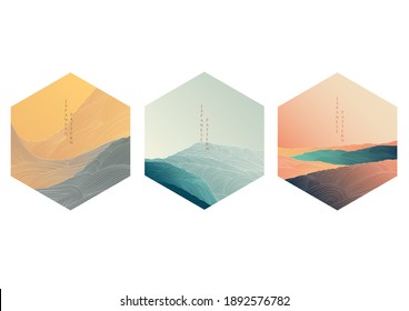 Japanese background with line pattern vector. Abstract icon with art landscape template in oriental style.